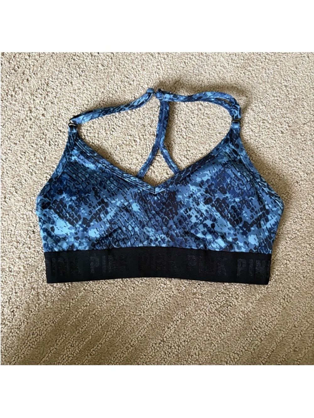 PINK Victoria's Secret Blue Printed Strappy Sports Bra with Black Band